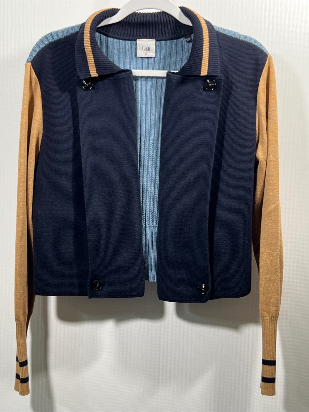 CAbi Navy, Camel & Light Blue Colorblock Varsity Style Knit Jacket Size M